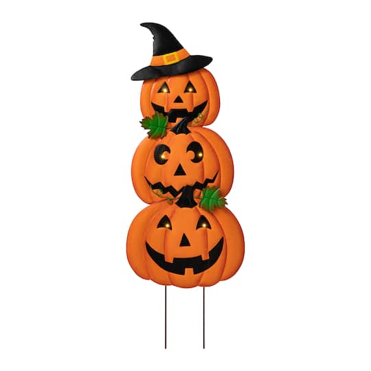 Glitzhome® 3.3ft. Halloween Lighted Metal Stacked Jack-O-Lantern Yard Stake Set with Timer